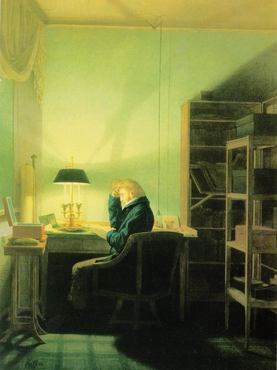 Mężczyzna czytający przy świetle lampy autorstwa Georg Friedrich Kersting