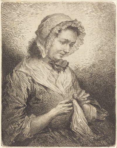 Szycie żony artysty autorstwa Georg Friedrich Schmidt