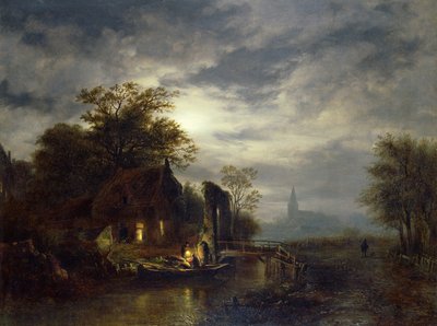 Scena rzeki w świetle księżyca z postaciami rozładowującymi łódź autorstwa Georg Gillis van Haanen