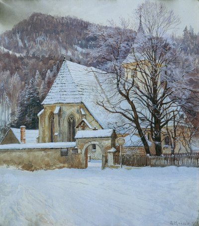 Zima w Rosenthal koło Kapellen (Styria) ze starym gotyckim kościołem autorstwa Georg Holub