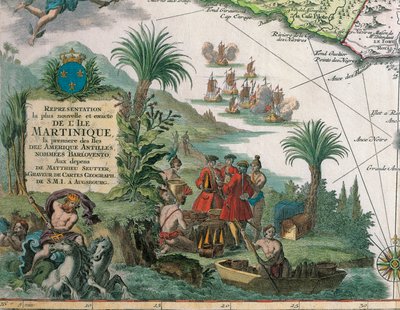 Mapa Martyniki stworzona przez Matthieu Seuttera, szczegóły: Kupcy i Indianie rdzenni Amerykanie autorstwa Georg Matthäus Seutter