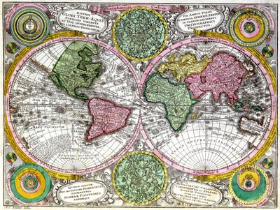 Mapa świata i planisfery niebieskiej autorstwa Georg Matthäus Seutter