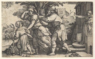 Abraham odsyła Hagar i Ismaela: Abraham trzyma naczynie jako Hagar i Isma..., ca. 1543. autorstwa Georg Pencz
