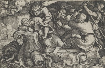 Chrystus śpiący podczas burzy nad Jeziorem Tyberiadzkim, z Historii Chrystusa, 1534-35. autorstwa Georg Pencz