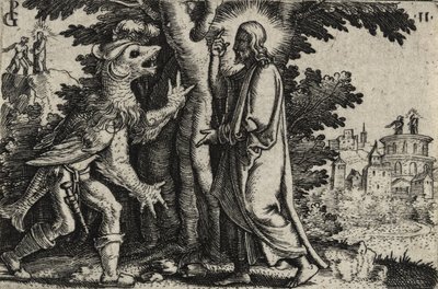 Chrystus kuszony przez diabła na pustyni (rycina na papierze wykładanym) autorstwa Georg Pencz