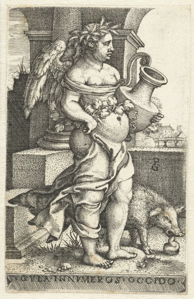 Obżarstwo (Gula) Gvla innvmeros occido (tytuł na obiekcie) Siedem grzechów głównych (tytuł serii) autorstwa Georg Pencz