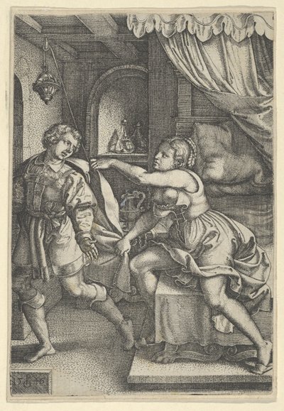 Józef i żona Potyfara, z Historii Józefa, 1546. autorstwa Georg Pencz