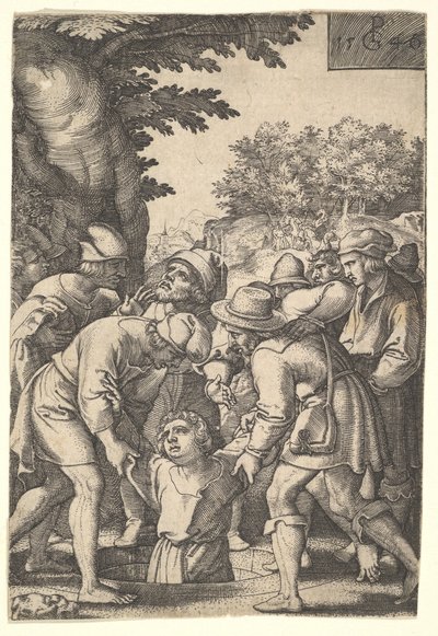 Józef spuszczony do studni przez swoich braci, z serii Historia Józefa, 1546. autorstwa Georg Pencz