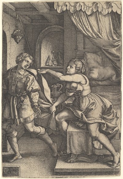 Józef oddala się od żony Potyfara, która obiema rękami ściska jego płaszcz, gdy idzie…, 1546. autorstwa Georg Pencz