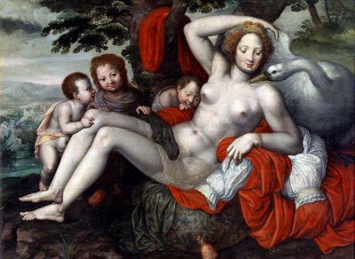 "Leda i łabędź"" - Leda i łabędź autorstwa Pencza, Georg (Jorg) (1500/02-1550), połowa XVI wieku. - Olej na drewnie, 92x126 - Muzeum Łąki, Madryt autorstwa Georg Pencz