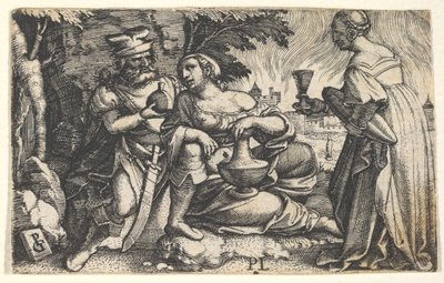 Lot i jego córki: córka w środku opiera prawą rękę na kolanie Lota i ve..., ca. 1531. autorstwa Georg Pencz