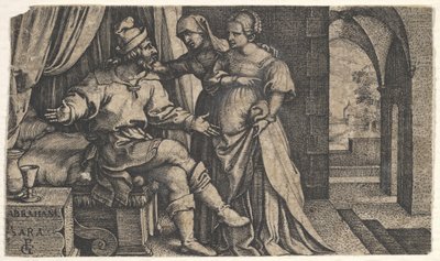 Sarah przedstawia Hagar siedzącemu w nogach łóżka Abrahamowi, z cyklu The..., ca. 1543. autorstwa Georg Pencz
