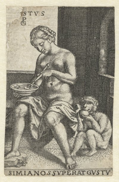 Smak (Smak) Gvstvs simia nos svperat gvstv (tytuł na obiekcie) Pięć zmysłów (tytuł serii) autorstwa Georg Pencz
