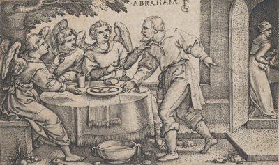 Trzej aniołowie odwiedzający Abrahama, z Historii Abrahama. autorstwa Georg Pencz
