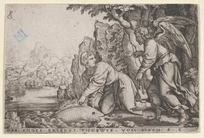 Tobiolus łapie rybę, z Historii Tobiasza, 1543. autorstwa Georg Pencz