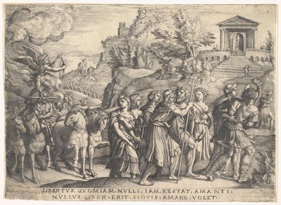 Triumf Miłości: cztery konie ciągną karetę z Kupidynem stojącym na palącym podeście..., ok. godz. 1539. autorstwa Georg Pencz