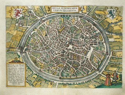 Belgia, mapa Brugii z miast świata autorstwa Georga Brauna (1541-1622) i Franza Hogenberga (1540-1590), Kolonia, rycina autorstwa Georg Braun and Hogenberg Franz