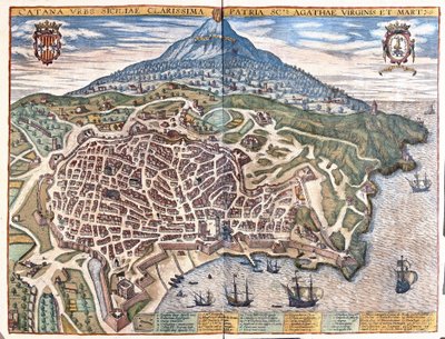 Katania, z Etną w tle, Sycylia, Włochy (rycina autorstwa Georg Braun and Hogenberg Franz
