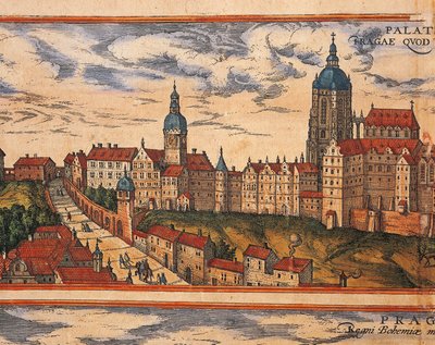 Czechy, Praga, Widok na cytadelę, kolorowa grafika z Civitates Orbis Terrarum autorstwa Georga Brauna (1541-1622) i Franza Hogenberga (1535-1590) autorstwa Georg Braun and Hogenberg Franz
