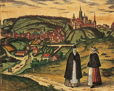 Czechy, Praga, Widok miasta z cytadelą w tle, kolorowa grafika z Civitates Orbis Terrarum autorstwa Georga Brauna (1541-1622) i Franza Hogenberga (1535-1590) autorstwa Georg Braun and Hogenberg Franz
