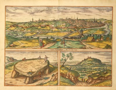 Dolmen koło Poitiers i miasta Poitiers i Montherre z Civitates Orbis Terrarum autorstwa Georga Brauna autorstwa Georg Braun and Hogenberg Franz