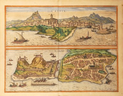 Heraklion, Candia i Korfu z World Cities autorstwa Georga Braun autorstwa Georg Braun and Hogenberg Franz