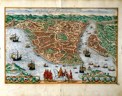 Włochy, Mediolan, Widok perspektywiczny miasta Konstantynopol autorstwa Georga Brauna (1541-1622) i Franza Hogenberga (1535-1590), grawerowanie kolorem autorstwa Georg Braun and Hogenberg Franz
