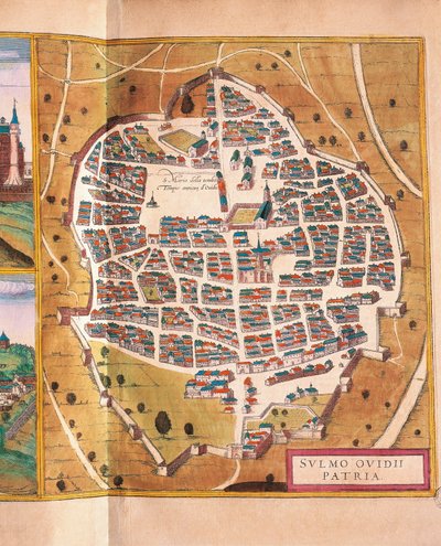 Włochy, Sulmona, miasto Sulmona z Civitates Orbis Terrarum autorstwa Georga Brauna i Franza Hogenberga, rycina autorstwa Georg Braun and Hogenberg Franz