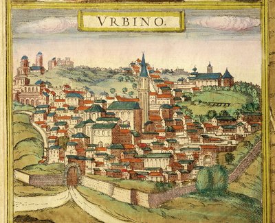 Włochy, Urbino, Widok na miasto, kolororyt z Civitates Orbis Terrarum autorstwa Georga Brauna (1541-1622) i Franza Hogenberga (1535-1590) autorstwa Georg Braun and Hogenberg Franz