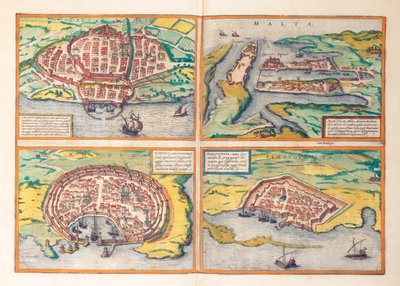 Mapa Cagliari, Malty, Rodos i Famagusty z miast świata autorstwa Georga Braun autorstwa Georg Braun and Hogenberg Franz