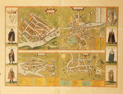 Mapa Galway, Dublina, Limerick i Cork z Civitates Orbis Terrarum autorstwa Georga Braun autorstwa Georg Braun and Hogenberg Franz