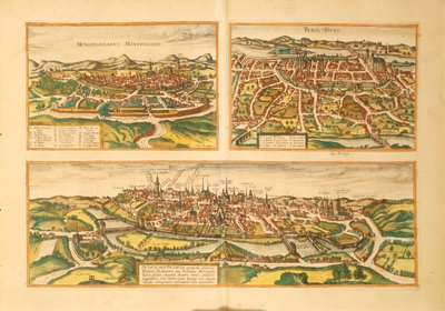 Mapa Montpellier, Tours i Poitiers z Civitates Orbis Terrarum autorstwa Georga Braun autorstwa Georg Braun and Hogenberg Franz