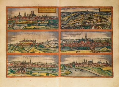 Mapa Monachium, Ingolstadt, Freising, Nordlingen, Regensburg i Straubing, Niemcy, z Civitates Orbis Terrarum autorstwa Georga Brauna autorstwa Georg Braun and Hogenberg Franz