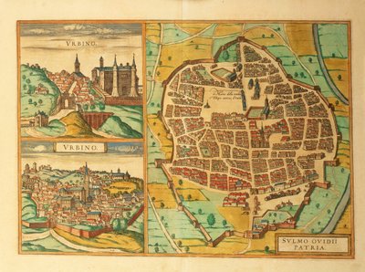 Mapa Urbino i Sulmona, Włochy, z Civitates Orbis Terrarum autorstwa Georga Braun autorstwa Georg Braun and Hogenberg Franz