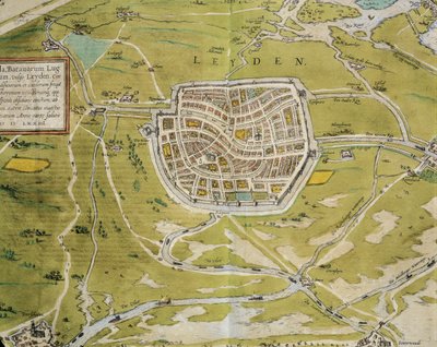Holandia, Mapa miasta i regionu Leiden z Civitates Orbis Terrarum autorstwa Georga Brauna (1541-1622) i Franza Hogenberga (1540-1590), Kolonia, rycina autorstwa Georg Braun and Hogenberg Franz