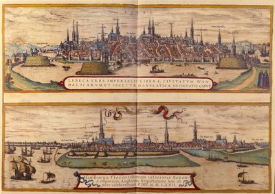 Na górze widok miasta Lubeka, poniżej miasta Hamburg w Niemczech. Rycina z Atlasu „Braun i Hogenberg” 1572 autorstwa Georg Braun and Hogenberg Franz