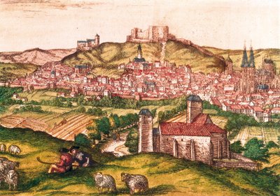Miasto Burgos w Hiszpanii z pasterzami i stadem owiec na pierwszym planie (1576). Grawerowanie w Civitatis Orbis Terrarum, autorstwa Georg Braun and Hogenberg Franz