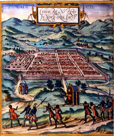 Cuzco, główny ośrodek cywilizacji Inków. Atlas de Braun i Hogenberg autorstwa Georg Braun and Hogenberg Franz