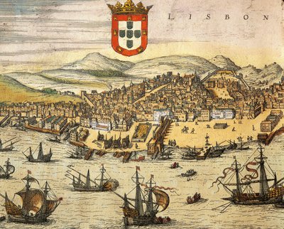 Mapa miasta Lizbony z Civitates Orbis Terrarum autorstwa Georga Brauna i Franza Hogenberga, rycina autorstwa Georg Braun and Hogenberg Franz