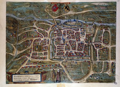 Mapa niemieckiego miasta Weimar. Rycina z Atlasu „Braun i Hogenberg” 1572 autorstwa Georg Braun and Hogenberg Franz