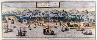 Widok Kozhikode lub Calicut w Indiach z Atlasu „Civitates Orbis Terrarum” autorstwa Braun & Hogenberg autorstwa Georg Braun and Hogenberg Franz