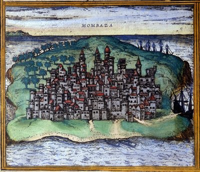 Widok Mombasy lub Mombasy, Kenia w XVI wieku, według Atlasu „Civitates Orbis Terrarum” Brauna i Hogenberga autorstwa Georg Braun and Hogenberg Franz