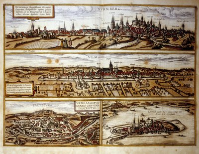Widok na niemieckie miasta Norymberga i Ulm, Salzburg, Austria. Rycina z atlasu "Brauna i Hogenberga" 1572 r. autorstwa Georg Braun and Hogenberg Franz