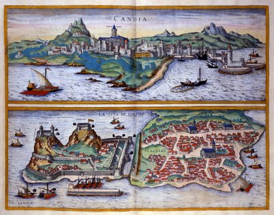 Widok na port Candie (dzisiejszy Heraklion) na Krecie i port Korfu w Grecji Grawer George Braun W „” Civitatis Orbis Terrarum”” Tom I napisany przez Franza Hogenberga (1535-1590) autorstwa Georg Braun and Hogenberg Franz