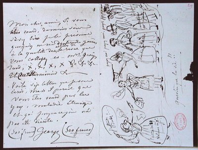 Fonds Lovenjoul E858 Ms 937 1.219 List od George Sand (1804-76) do Francois Buloza, redaktora „Revue des Deux Mondes”, z prośbą o zapłatę i karykaturą pisarki przedstawiającą się w otoczeniu wierzycieli autorstwa George Sand