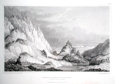 Góra lodowa przylegająca do lodowej rafy, z widokiem w kierunku morza, z „Narracji o podróży do brzegów Morza Polarnego w latach 1819-22” autorstwa sir Johna Franklina (1786-1847) rytowanego przez Edwarda Findena (1791-1857) opublikowany 1823-28 (grafika) autorstwa George (after) Back