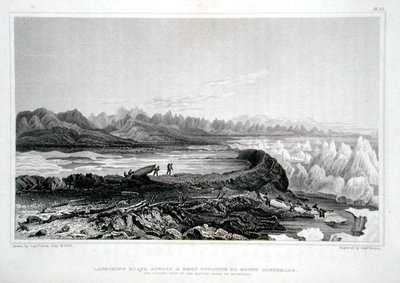 Wodowanie łodzi przez rafę naprzeciwko Mount Conybeare, z „Narracji o podróży do wybrzeży Morza Polarnego w latach 1819-22” autorstwa Sir Johna Franklina (1786-1847) rytowanego przez Edwarda Findena (1791-1857) opublikowanego w 1823 r. -28 (kolor grawerowa autorstwa George (after) Back