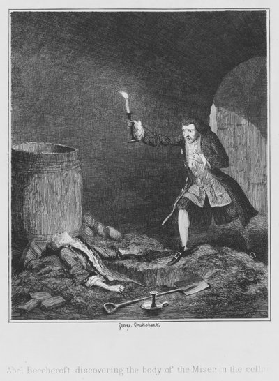 Abel Beechcroft odkrywający ciało Skąpiec w piwnicy (rycina) autorstwa George (after) Cruikshank