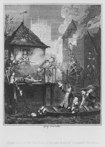 Rozproszenie Klubu Jakobitów i śmierć Cordwell Firebras (grawerowanie) autorstwa George (after) Cruikshank
