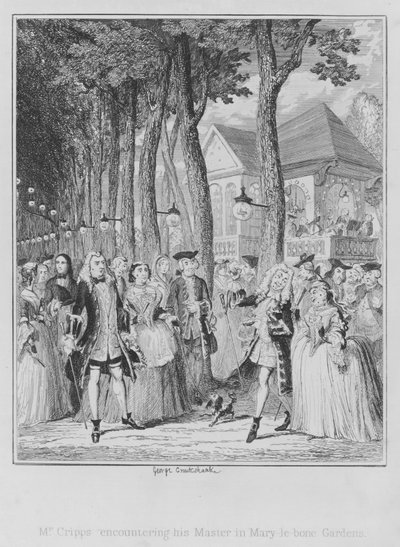 Pan Cripps spotyka swojego Mistrza w ogrodach Mary-le-bone (rycina) autorstwa George (after) Cruikshank